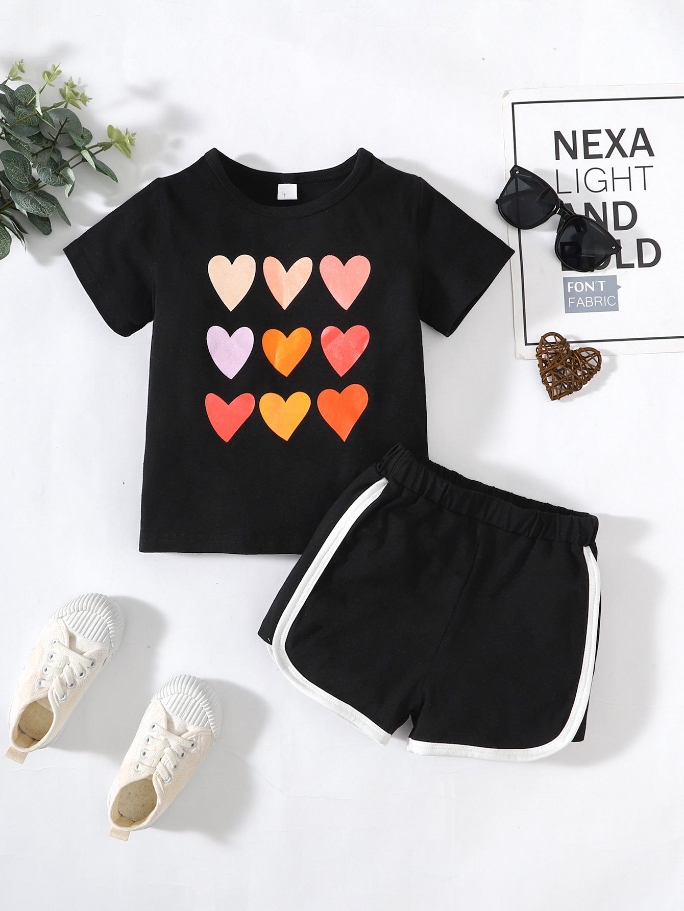 Kids Heart Print T-Shirt and Side Stripe Shorts Set